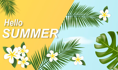 Fototapeta na wymiar Summer banner on sky background, realistic tropical leaves and flowers, vector