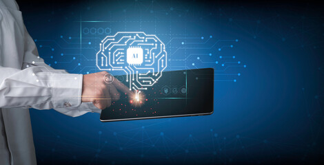 Artificial intelligence of futuristic technology concept. Hand using a finger touch on tablet screen virtual circuit AI brain genius technology in blue background.