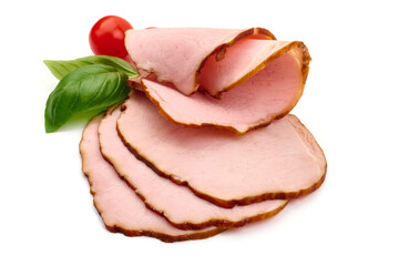 Smoked pork loin slices, isolated on white background. High resolution image
