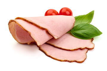 Smoked pork loin slices, isolated on white background. High resolution image.