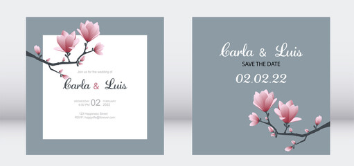Simple and elegant wedding set invitation and save the date. Minimalsit floral style vector with magnolias.