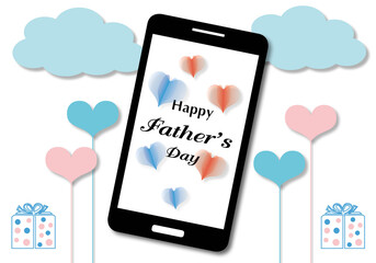 Happy Father’s Day background concept on mobile phone with hearts and clouds, gift box,  on white background, paper cut style.