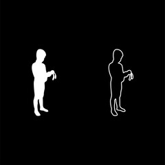 Boy holds toy Child hold bunny hare rabbit Preschool Brother holding amigurumi Son with gifts Teddy plaything presents friend for children kid silhouette white color vector illustration solid outline 