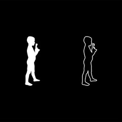 Boy holds toy gun Child playing with pistol game Childhood Shooting weapon concept Preschool Cute little male playing criminal silhouette white color vector illustration solid outline style image
