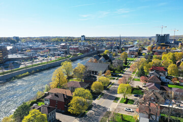 Aerial of the city of Cambridge, Canada by the Grand River
