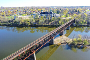 Aerial scene of the railway bridge in Cambridge, Ontario, Canada