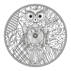 Mandala with owl. Zentangle. Hand drawn abstract patterns on isolation background. Design for spiritual relaxation for adults. Zendala. Black and white illustration for coloring. Print for t-shirts