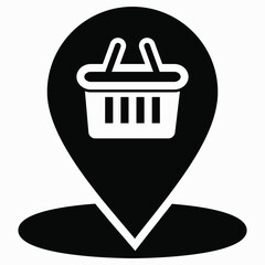Location of the store. GPS and shopping cart icon. Geotag supermarket. Point of sale on the map. Vector icon.