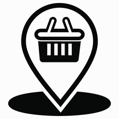Location of the store. GPS and shopping cart icon. Geotag supermarket. Point of sale on the map. Vector icon.
