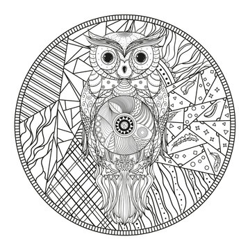 Mandala with owl. Zentangle. Hand drawn abstract patterns on isolation background. Design for spiritual relaxation for adults. Zendala. Black and white illustration for coloring. Print for t-shirts