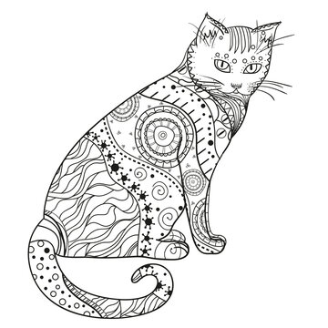 Cat. Design Zentangle. Hand drawn cat with abstract patterns on isolation background. Design for spiritual relaxation for adults. Black and white illustration for coloring. Zen art. Decorative style