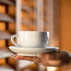 White porcelain or ceramic cup with saucer in female hand against window on blurred background. Morning tea or coffee, care concept. Close up shot. Side view. Soft focus.