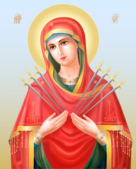 The Most Holy Theotokos Seven Arrows. Inscriptions in Early Cyrillic alphabet: Mother of God, Jesus Christ. Vector illustration