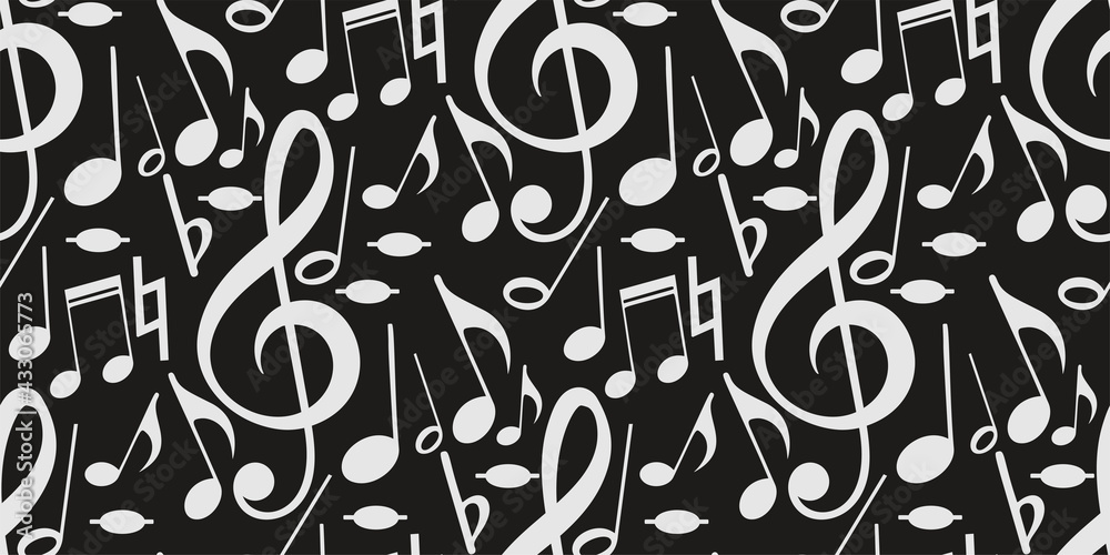 Sticker Abstract background pattern with musical notes on a black background, wallpaper. Seamless pattern, texture. Vector image