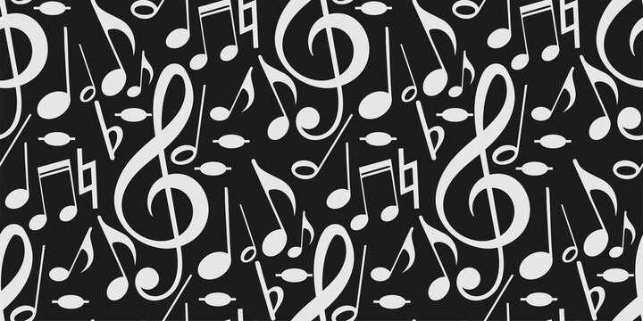 Abstract background pattern with musical notes on a black background, wallpaper. Seamless pattern, texture. Vector image