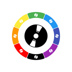Naklejka premium A large black cd symbol in the center, surrounded by eight white symbols on a colored background. Background of seven rainbow colors and black. Vector illustration on white background