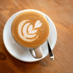 Top view of creamy cappuccino. Cup of coffee drink with heart drawn on foam. White ceramic cup with saucer on wooden table background. Close up shot. Soft focus.