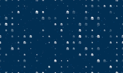 Seamless background pattern of evenly spaced white house symbols of different sizes and opacity. Vector illustration on dark blue background with stars