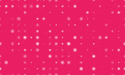 Seamless background pattern of evenly spaced white radio button symbols of different sizes and opacity. Vector illustration on pink background with stars