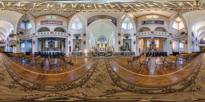 RADUN, BELARUS - MAY 2021: Full spherical seamless hdri panorama 360 degrees inside interior of gothic or baroque catholic church with frescoes and icons in equirectangular projection, VR AR content