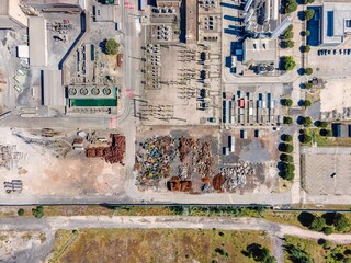 Aerial view of a giant quarry and construction site at Ecometais, a Treatment and recycling plant in Aldeia de Paio Pires industrial area, Setubal, Portugal.