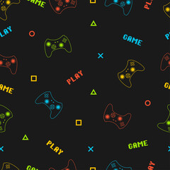 Joystick gamepad seamless pattern with pixel text. Typography graphics for t-shirt prints and other video game concept. Vector illustration. © Roman