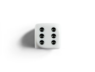 Number 6 on clean dice. Top view. White background.