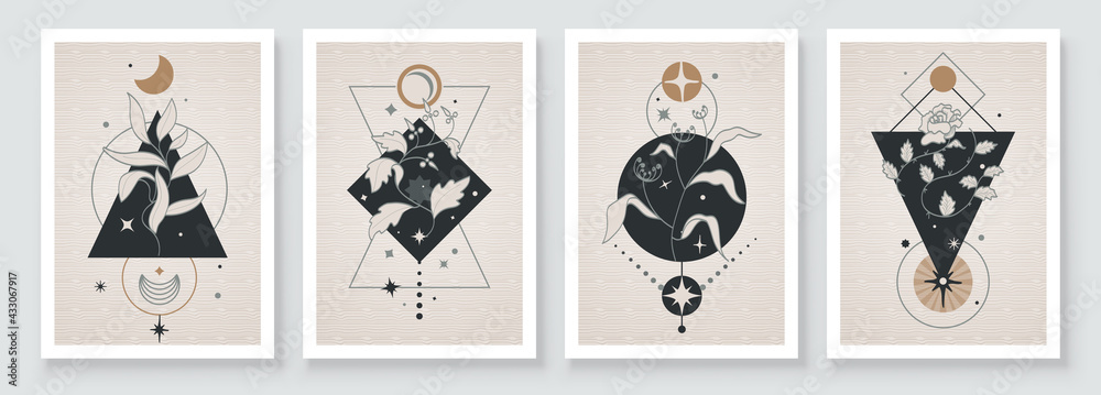 Wall mural abstract contemporary art with celestial geometry shapes. esoteric mystical celestial botanical sacr