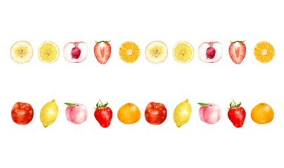 いろいろな果物のライン　模様　水彩イラスト