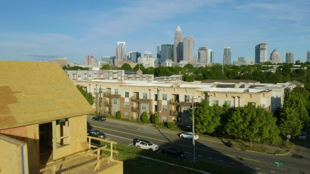 Drone Flies Past New Home Being Built in Charlotte, North Carolina on Clear Day