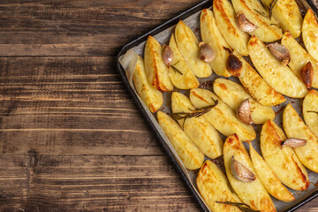 Baked pieces of spiced potato in a baking pan
