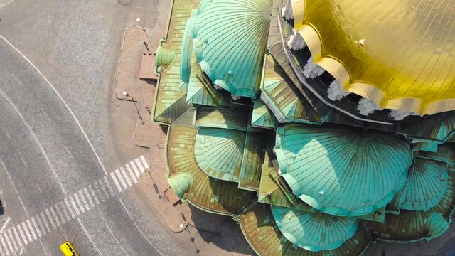 Alexander Nevsky Cathedral, Sofia, Bulgaria. Orthodox church built in Neo-Byzantine style and city view. Beautiful scene of byzntine religion building took with aerial drone 4K 30fps.