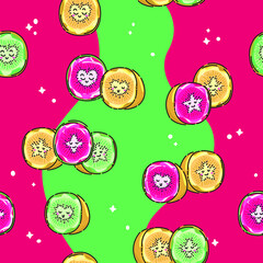 Cute, colorful kawaii anthropomorphic cartoon Kiwi seamless pattern with a wavy background. Great for Spring or Summer fabric, scrap-booking, gift-wrap, wallpaper, product design projects. Vector