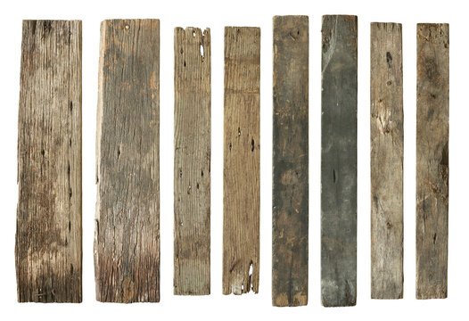 Wood plank weathered damaged set (with clipping path) isolated on white background