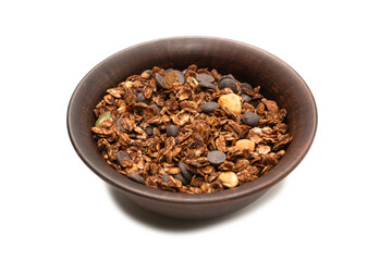 Chocolate granola cereal with nuts in a bowl background.