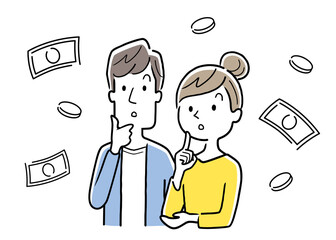 ベクターイラスト素材：お金のことを考える夫婦、カップル
