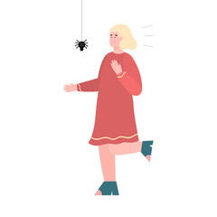 Fearful woman scared of spider, cartoon flat vector illustration isolated.