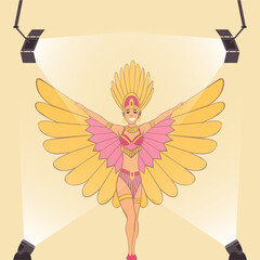 Television show. Showgirl with brazilian style carnival costume. Carnaval dancer. Cabaret singer or brazilian showgirl. Cartoon character in the spotlight