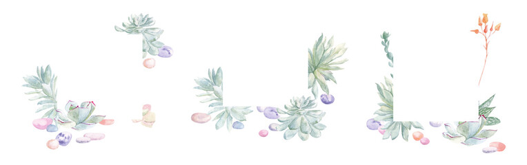 set of watercolor frame with succulents. hand-drawn exotic plants and multi-colored pebbles on a light background. Suitable for wallpapers, backgrounds, social media posts, invitations, greetings

