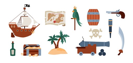 Colorful vector cartoon set of pirate icons for piracy design.