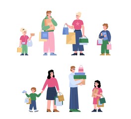 Set of happy family and children shopping, flat vector illustration isolated.
