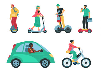 People riding electric eco friendly vehicle, flat vector illustration isolated.