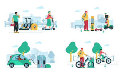 Banners set with people riding electric transport, vector illustration isolated.
