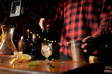 Friends toasting with tropical drinks with colorful fruits