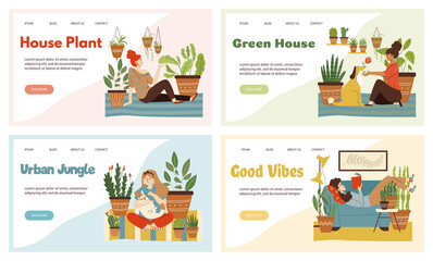 Set of web banners with women among houseplants, flat vector illustration.