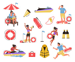Beach lifeguards rescue team characters flat vector illustration isolated.