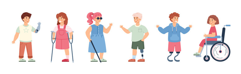 A set of girls and boys with disabilities a flat vector isolated illustrations