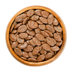 Roasted pumpkin seeds, coated with milk chocolate, in a wooden bowl. Snack of flat summer squash seeds, lightly roasted, and covered with chocolate. Close-up, from above, over white, macro food photo.