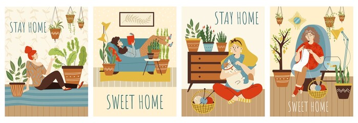 Girl stay at home and relax at cozy interior with green house plants in pots.