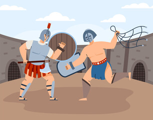 Fototapeta premium Fight of two Roman gladiators in arena, cartoon vector illustration isolated.